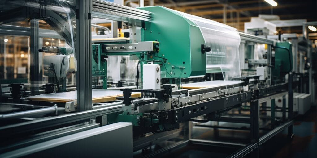 bioaqualife: A manufacturing conveyor system in a factory setting, featuring a green machine with clear plastic wrap and various mechanical components. The background shows a spacious industrial interior with soft lighting.