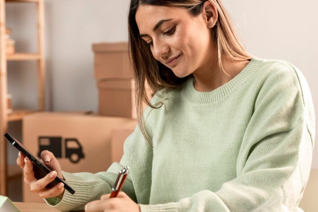 bioaqualife: A woman in a light green sweater is sitting at a desk, holding a smartphone in one hand and a pen in the other. She appears focused, with cardboard boxes stacked in the background, suggesting a workplace or home office.