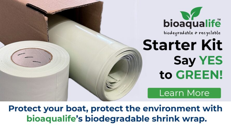 bioaqualife: Image of a box containing a large roll of shrink wrap. Text reads: "bioqualife™ Trial Kit Say YES to GREEN!" A button says "Learn More." A slogan at the bottom says, "Protect your boat, protect the environment with bioqualife’s biodegradable shrink wrap.