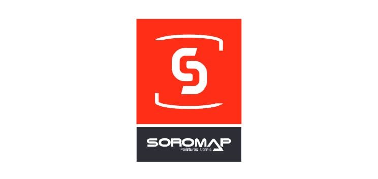 bioaqualife: A red square features a white stylized "S" in the center, with curved lines above and below it. Below the square is a black rectangle with the text "SOROMAP Peintures-Marines" in white.