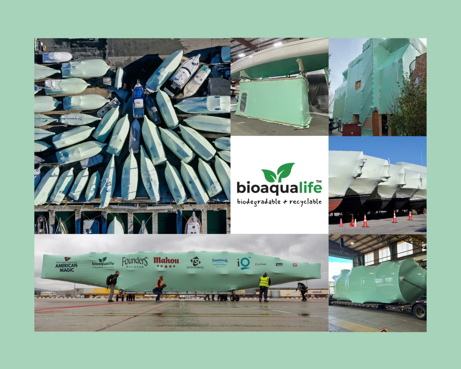 bioaqualife: A collage of boats, sails, and equipment wrapped in green material, with the "bioaqualife biodegradable + recyclable" logo in the center, showcasing eco-friendly marine packaging and team members handling wrapped items.