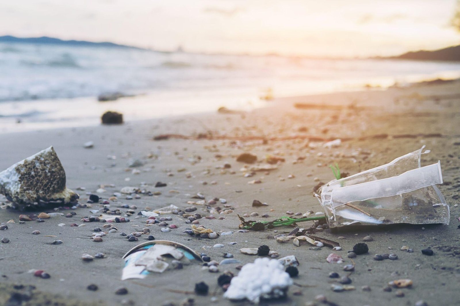 bioaqualife: A sandy beach at sunset, littered with plastic waste, broken glass, and debris, highlighting pollution near the shoreline with the ocean in the background.