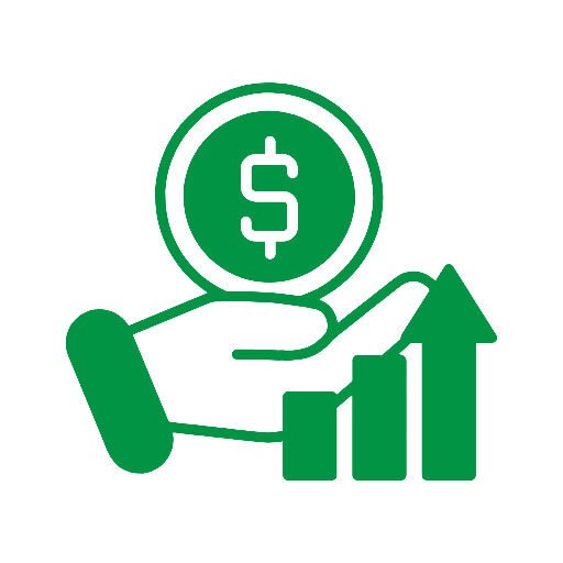 bioaqualife: Green icon of a hand holding a coin with a dollar sign, next to a bar graph with an upward arrow, symbolizing financial growth or investment success.