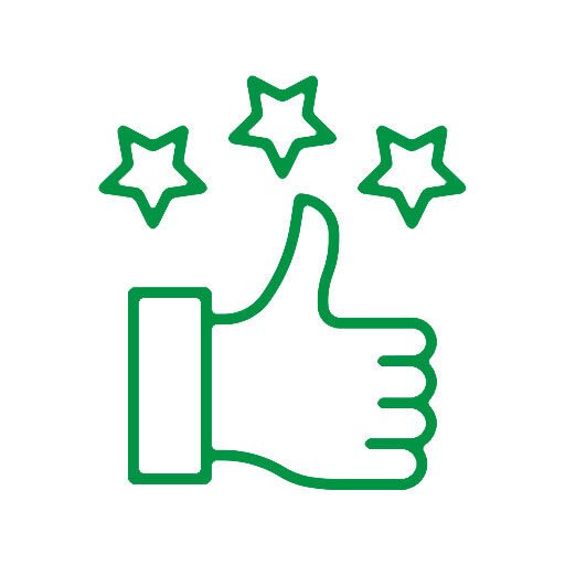 bioaqualife: Green outline of a hand giving a thumbs-up, with three stars above it, symbolizing approval, satisfaction, or a positive review. The image is on a white background.